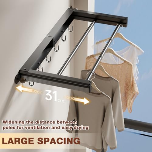 HASTHIP® Folding Bathroom Towel Rack Dual Row Laundry Rack with 6 Hooks, No Drill Aluminum Steel Wall Hanging Storage Rack Fashion Minimalist Utility Storage Rack for Bathroom, Balcony, 30.8x70cm