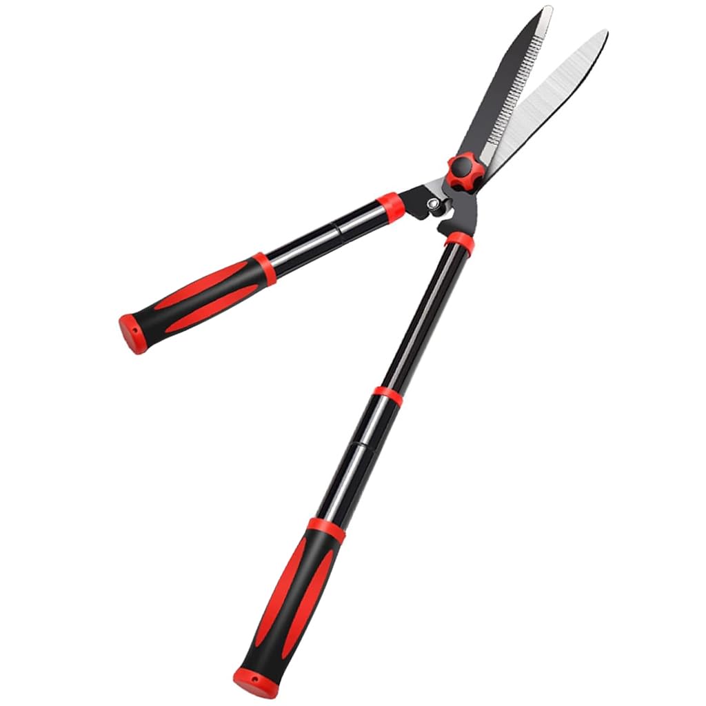 HASTHIP® Hedge Shear with Telescopic Handle, 7.4in Mn Steel Blade, Shock-Absorbing Bumpers and Blade Tension Control Knob, Professional Heavy Duty Garden Hedge Pruning Shears Trimmers Clippers