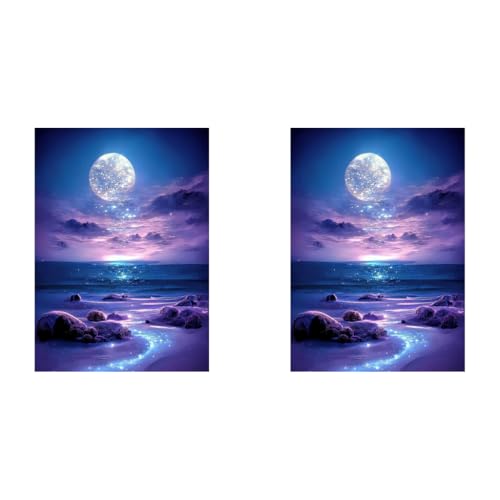 HASTHIP® DIY 5D Diamond Painting Art Kit Dreamy Beach Purple Moonlit Night Beginner for Home Decor No Frame Wall 12 x 16 Inch 2 PCS