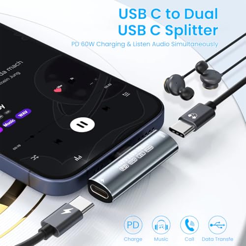 HASTHIP® USB C Splitter, Dual USB C Headphone/Data and Charger Adapter, 3 in 1 USB C Audio Dongle USB C Data Adapter with PD 60W Charging for iPhone 16/16Pro/15/15Pro, Galaxy S24/S23/S22, Pixel 8/7
