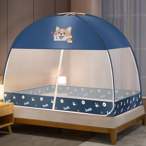 HASTHIP® Pop-up Mosquito Tent for Bed Cartoon Mosquito Net Zippered Fine Mesh Breathable Mosquito Net with Enclosed Roof Universal Double Side Roll-up Curtain Mosquito Net, 6.6ft x 7.2ft