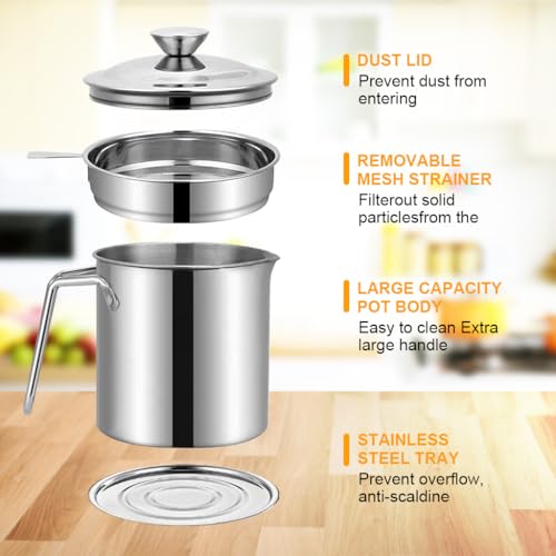 HASTHIP® 1.3 L Kitchen Oil Container with Lid & Removable Fine Mesh Strainer Stainless Steel Grease Container with Handle Kitchen Multi Purpose Grease Container Cooking Oil Container with Drip Tray