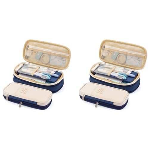 HASTHIP® Nylon Large Capacity Pencil Pouch Durable Storage Multiple Compartment Double Zipper Portable Box for Kids College Student Teen 22X11Cm Navy Blue 2 PCS