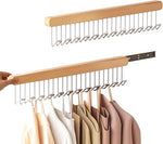 HASTHIP® 1 Pc Wooden Hanger for Clothes Hanging 12 Hook Adjustable Multi Sliding Wall Mounted Rack Bra Belt Scarf Tie Hat No-Drill Right-Pull Style 41X8CM 2PCS