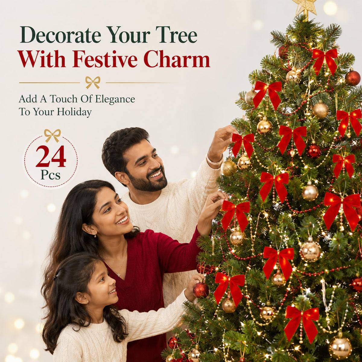 HASTHIP 24-Piece Red Velvet Christmas Bow Ornaments with Golden Tie Wires for Holiday Decorating