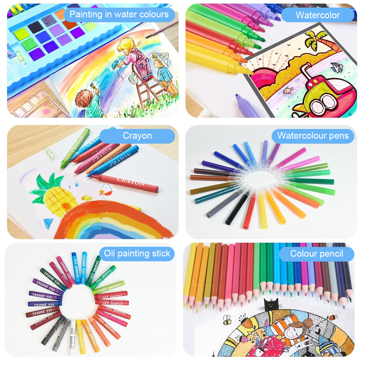 HASTHIP® 208 Pcs Kids Art Painting Kit Colour Set Painting Art Kit Art Set for Kids with Built In Folding Easel Crayons Color Pencil Pastels Multi Color Water Soluble Color Pens Birthday Gift for Kids