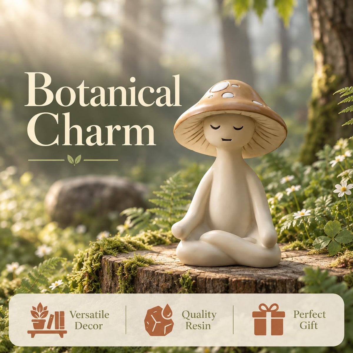 HASTHIP Meditation Mushroom Figurine in White Resin, Compact Yoga Pose Decor for Home and Terrariums