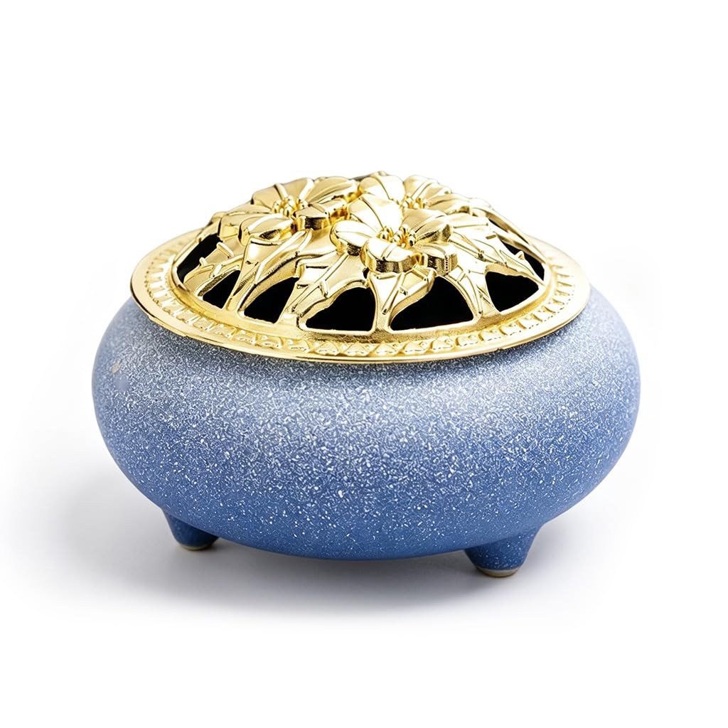 HASTHIP Blue Ceramic Incense Burner with Floral Lid, Mesh Insert and Protective Pad