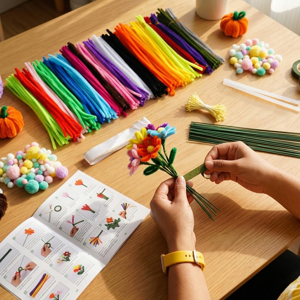 HASTHIP 500-Piece Chenille Stem Craft Kit with 20 Colors and Flower and Animal Guides