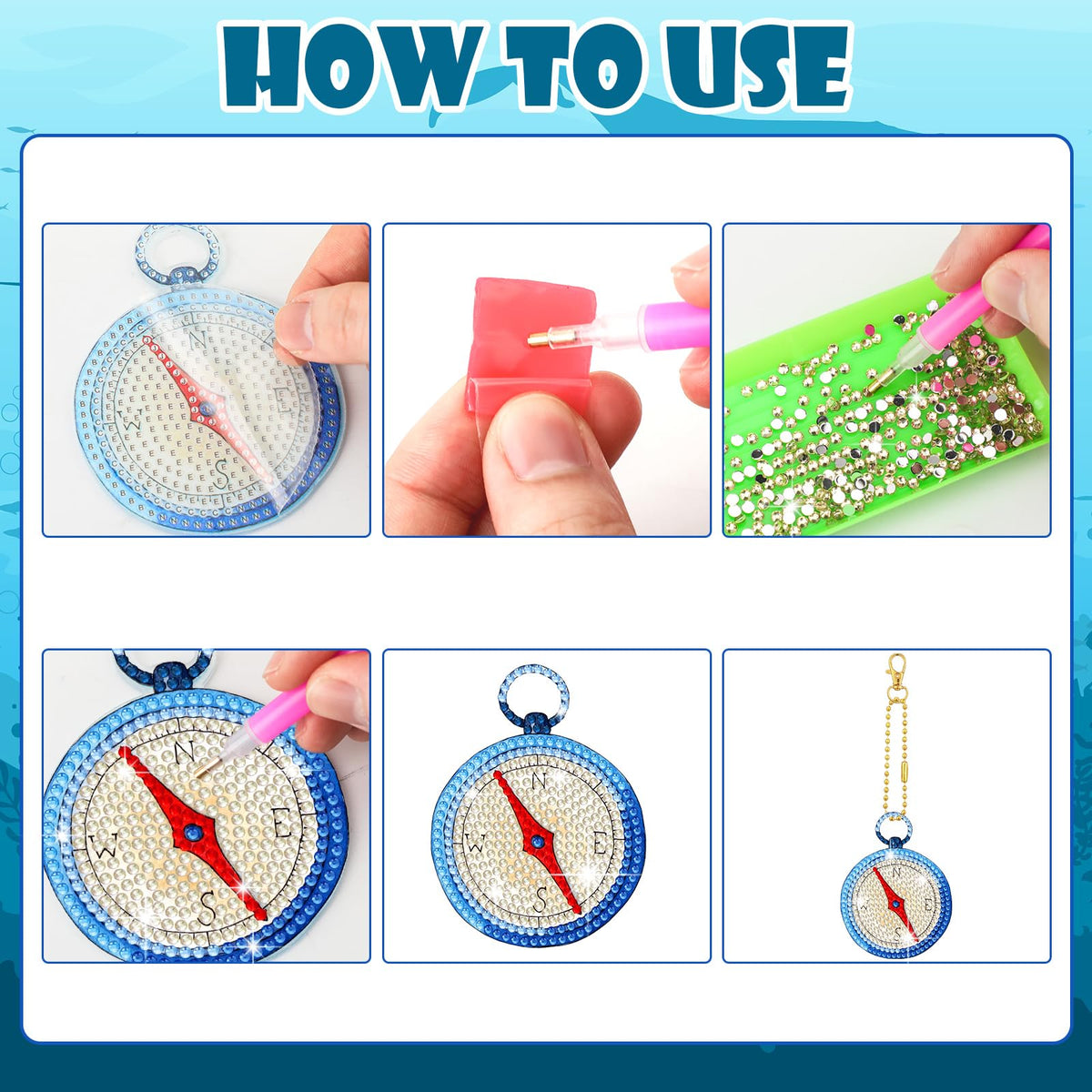 HASTHIP 12-Piece 5D Diamond Painting Keychain Kit with Acrylic Bases and Ocean Designs