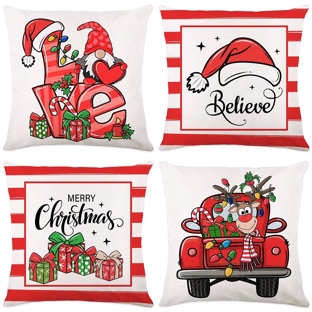 HASTHIP Set of 4 Christmas Cushion Covers, 18 x 18 Pulgadas, with Reindeer, Santa and Snowman Prints