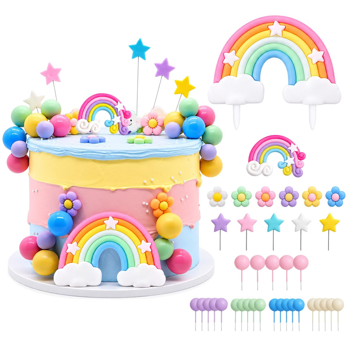HASTHIP 38Pcs Rainbow Cake Topper Pastel Boho Party Decorations Pastel Stars Clouds