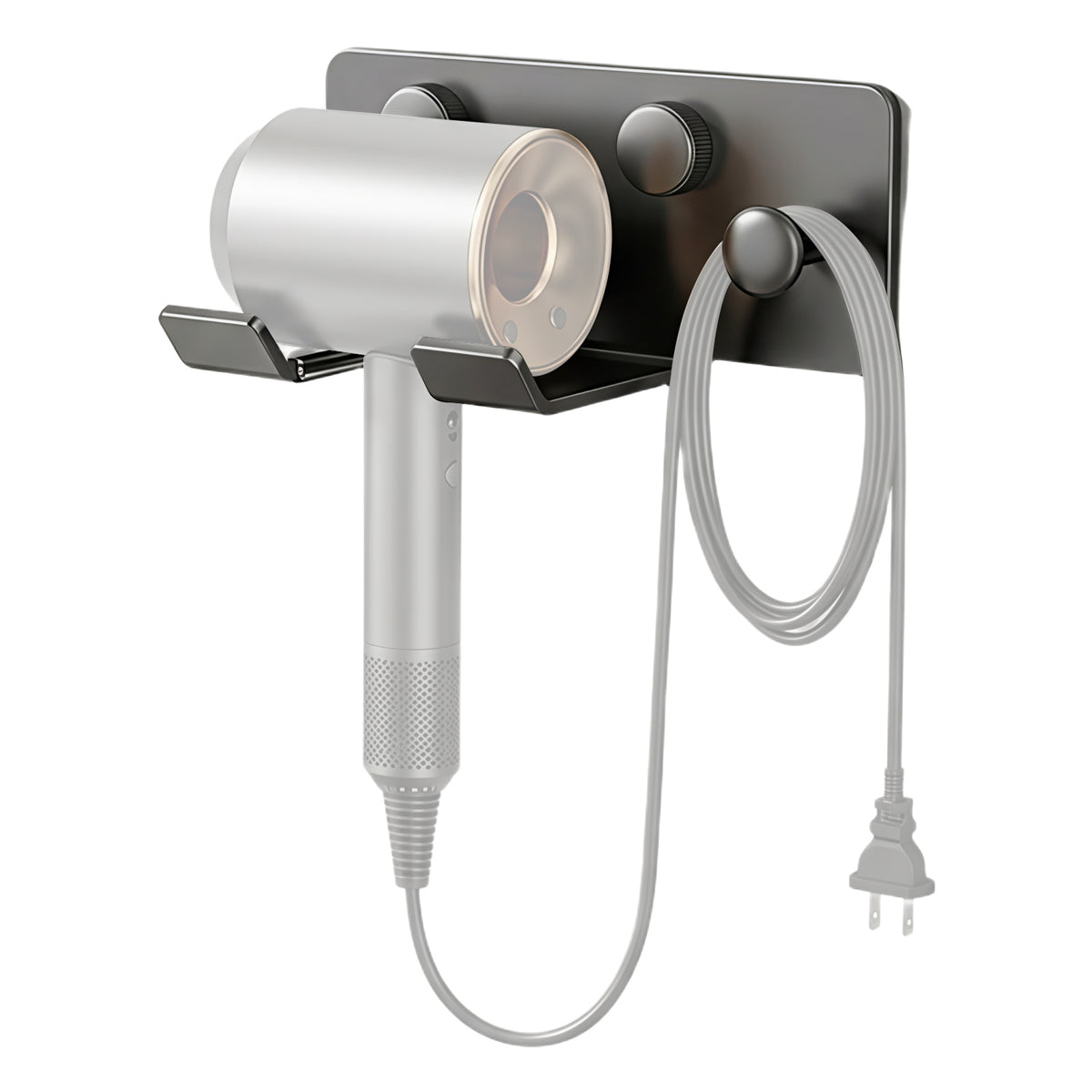 HASTHIP Wall-Mounted Hair Dryer Holder in Carbon Steel with U-Shaped Soft Rubber Support and Cord Hook