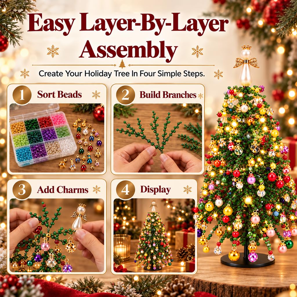 HASTHIP DIY Beaded Christmas Tree Kit with Metal Frame, Angel Topper and Colorful Beads