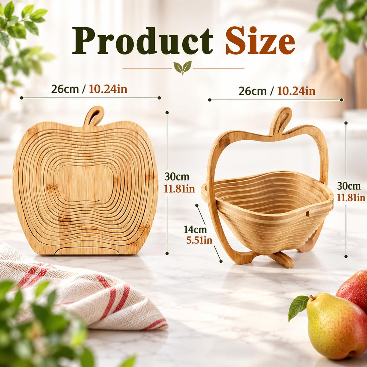 HASTHIP Foldable Bamboo Fruit Basket with Space-Saving Design and Stable Cross-Support Base