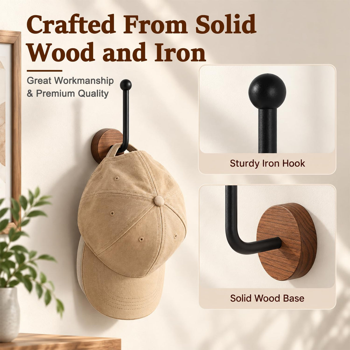 HASTHIP L-Shaped Wood and Metal Wall Hat Hooks with Hidden Screw Mounting for Caps and Hair Accessories