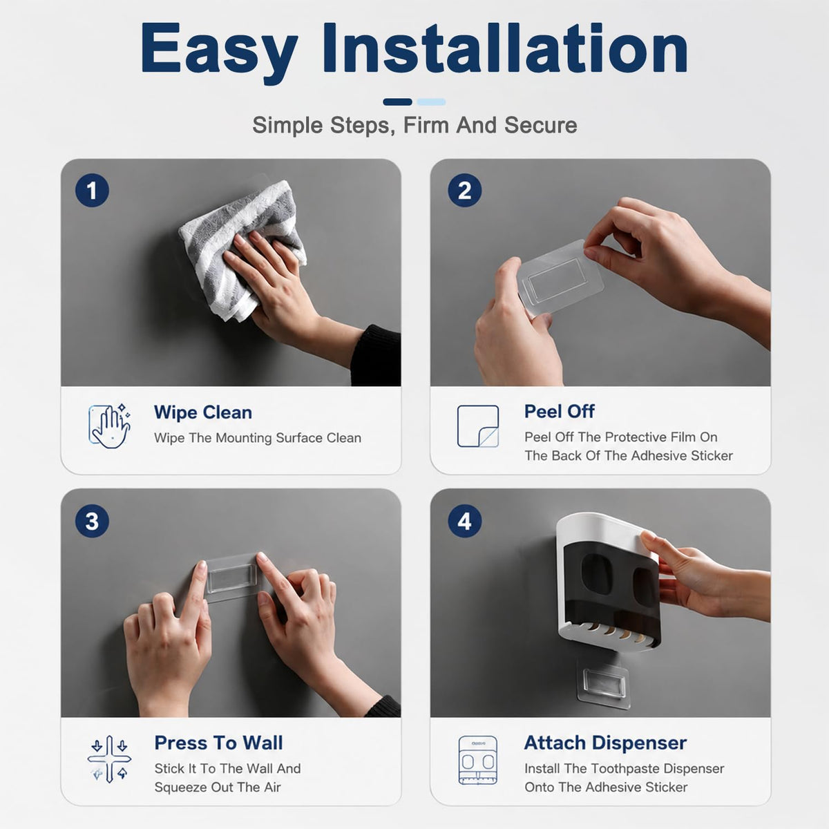 HASTHIP Wall Toothbrush Holder with 4 Slots and Toothpaste Dispenser Dust Proof Waterproof
