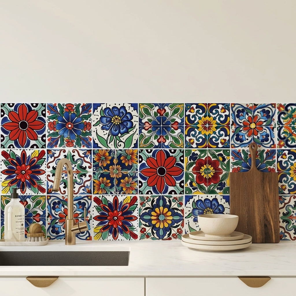 HASTHIP Peel and Stick Tile Decals, 30 Vinyl Stickers, 10 x 10 cm Mediterranean Floral Patterns