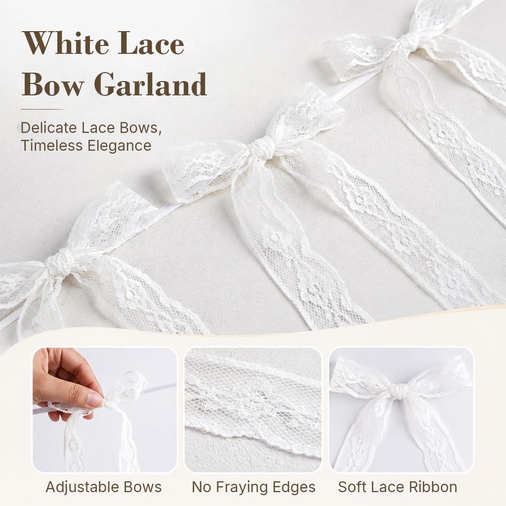 HASTHIP 2Pcs White Floral Lace Bow Garland Banners Hanging Decor with Removable Bows