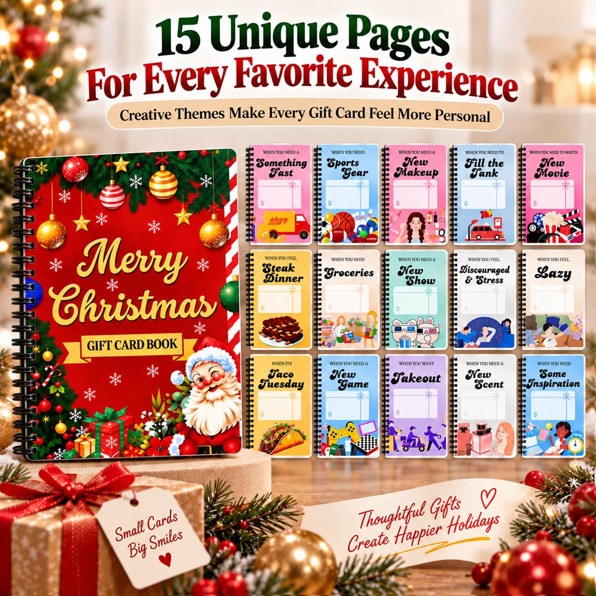 HASTHIP Christmas Gift Card Book, Spiral Bound with 16 Themed Pages, 5x7 Inch Size for DIY Holiday Gifting