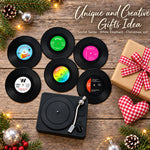 HASTHIP Retro Vinyl Record Coaster Set with Six 10cm Coasters and Record Player Holder