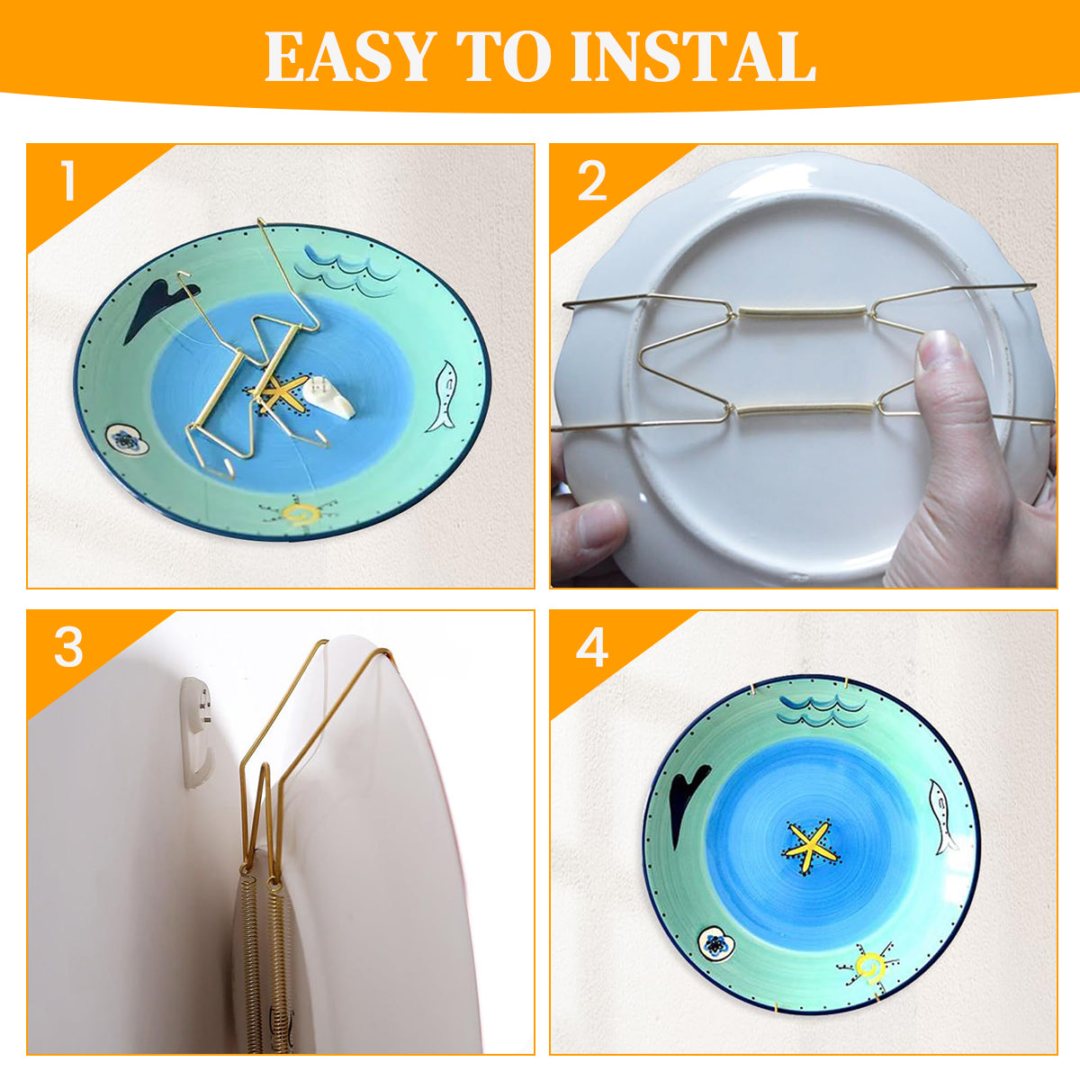 HASTHIP® Spring Plate Hangers for Home Decor Wall Decor Heavy Duty Stainless Steel Golden Spring Plate Hangers for 5.5''-8'' Dia Plates