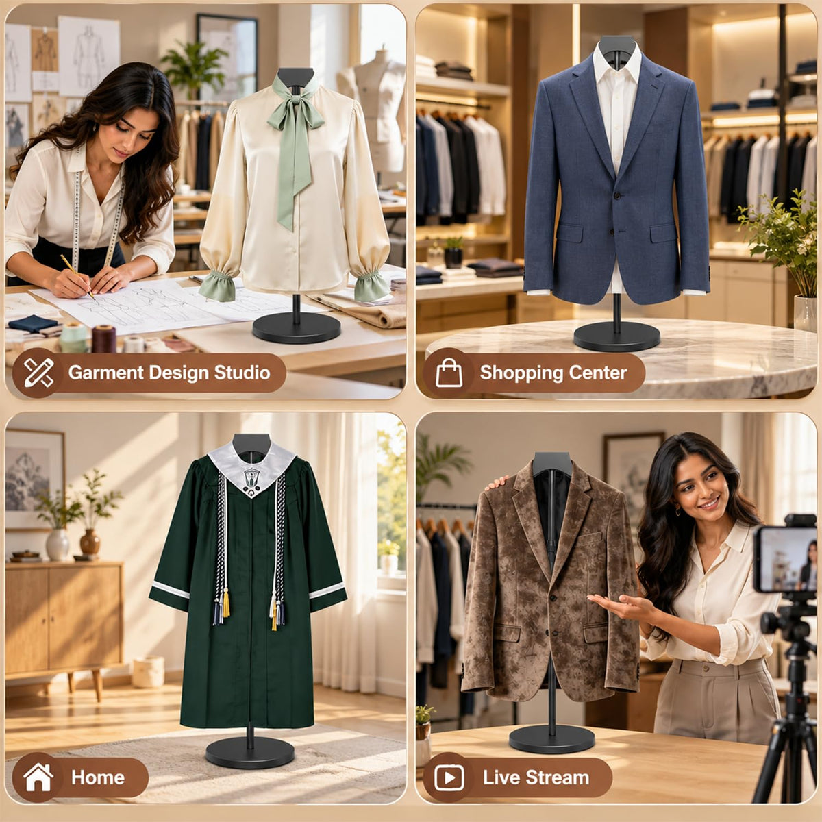 HASTHIP Adjustable Shirt Display Stand with Solid Wood Hanger and Weighted Round Metal Base