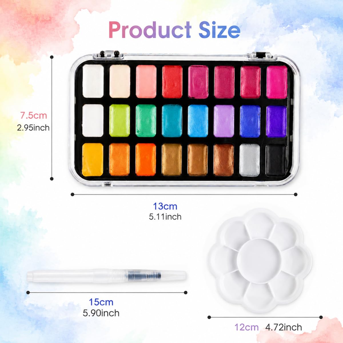 HASTHIP 24 Color Metallic Watercolor Paint Set with Shimmering Solid Pigments and Portable Mandala Case