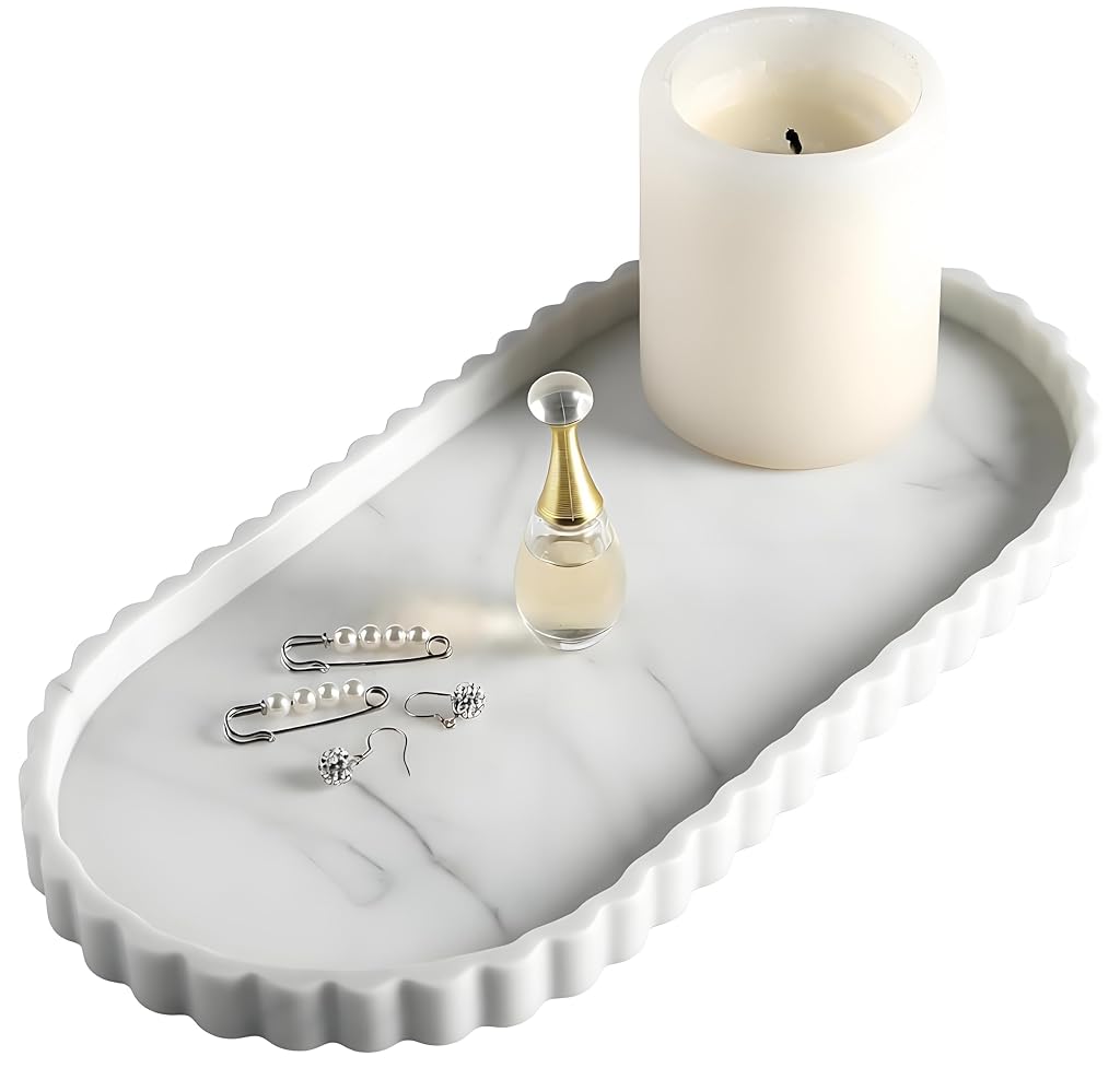 HASTHIP Silicone Vanity Tray with White Marble Look, Lace Edge and Easy-Wipe Surface for Home