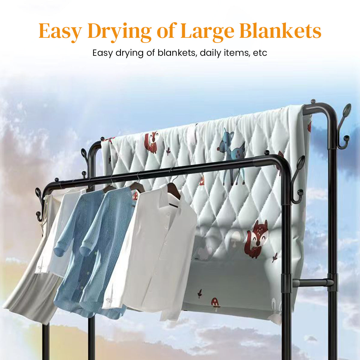 HASTHIP® Garment Organizer Rack Moving Floor Clothes Rack Garment Rack with Wheel Double Layer Metal Clothes Organizer Rack with Utiliy Shoe Rack Multi Purpose Open Garment Organizer Rack