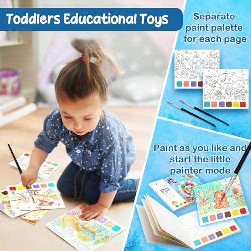 HASTHIP® 2Pcs Kids Watercolor Painting Book Set, Reusable Water Coloring Books for Toddlers Age 3+, Hard Paper Water Colour Book with Pigments & Paint Brush, Educational Art Craft Kit for Boys Girls