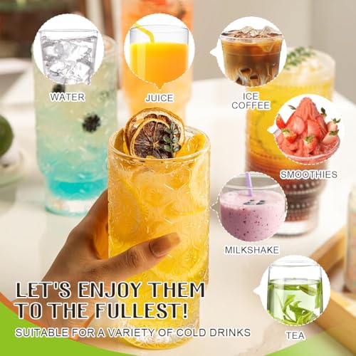 HASTHIP® 4 Pack Drinking Glasses with Wooden Lids & Bent Straws 11Oz Drinking Glasses Vintage Textured Clear Glasses Coffee Cup Drinks Cocktail Glasses Home Gift