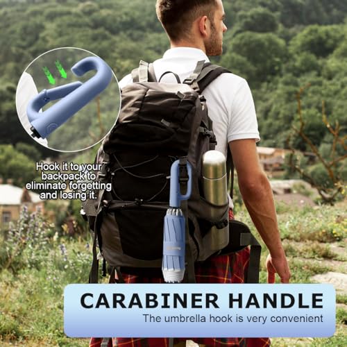 HASTHIP® Large Umbrella with Reflective Strip, Auto 3-Fold Compact Travel Umbrella, Carabiner Handle, Reinforced 10 Dual Ribs, Sun Protection 99% UV & Rain & Windproof for Men Women (Blue)