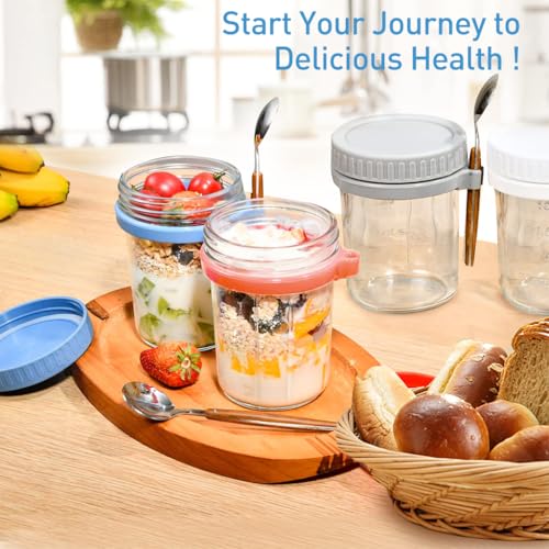 HASTHIP® 4 Pack Overnight Oats Containers with Lids and Spoons, 12oz Glass Mason Overnight Oats Jars, Large Capacity Airtight Jars for Milk, Cereal, Fruit
