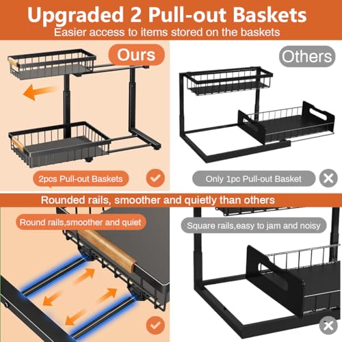 HASTHIP® Under Sink Organizer Rack, 2-Tier Sliding Drawer Adjustable Height Countertop Storage Shelf, Carbon Steel Metal Kitchen Bathroom Pantry Office Stand