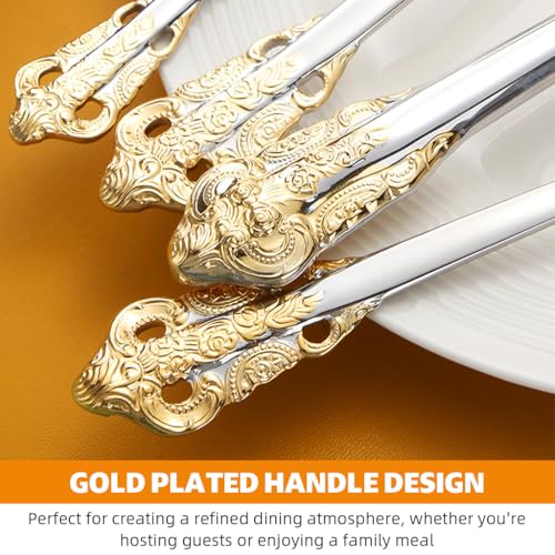 HASTHIP® 4-Piece Stainless Steel Flatware Set, Gold Embossed Handle Design, Includes Table Spoon, Dessert Fork, Kitchen Knife, Elegant Cutlery Gift Set for Home, Dining, and Special Occasions