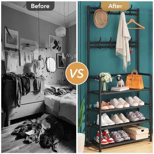 HASTHIP® Bench Garment Rack 4-Tier Metal Shoe Organizer with Coat Hooks,Entryway Shoe Storage Shelf and Hat Stand,Hallway Clothes Rack with 8 Hooks DIY Assembly Multipurpose Rack