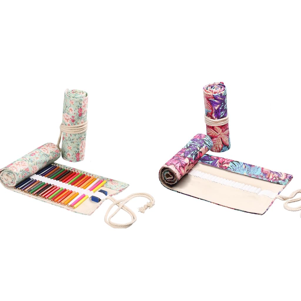 HASTHIP Pencil Wrap Case for Sketching and Journaling with 72 Slots Canvas Design | Maple Leaves and Pink Floral Combo for Artists and Students