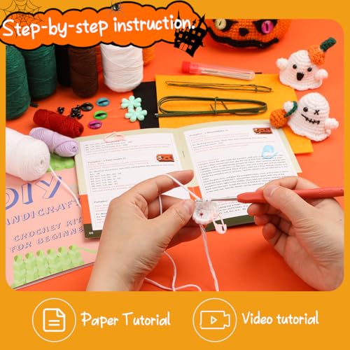 HASTHIP® Halloween Crochet Kit for Beginners, Complete DIY Spooky Ghost Pumpkin Tree Desk Decoration Set with Step-by-Step Instructions, Yarn Kit for Home, Office, Gift Crafting