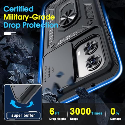 HASTHIP® Phone Case for Moto Edge 50 Fusion 5G 2024 Tough Armor Bumper Magnetic Finger Ring Holder Slider Shutter Camera Protection Shockproof Motorola Phone Case for with Kickstand Black (PC & TPU)