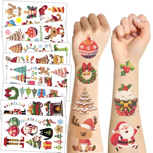 HASTHIP® 10 Hojas Tatuajes Temporales de Navidad Multicolor para Hombres Mujeres Niños,Pegatinas Corporales de Fiesta,Maquillaje Carnaval y Decoración con Tema Astronauta Navideño
