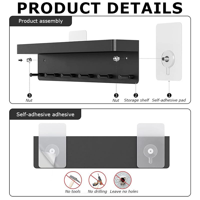 HASTHIP Wall Hook Rack for Entry and Kitchen with 6 Hooks and 9.65×2.28×1.7 in Shelf | Matt Black Stainless Steel