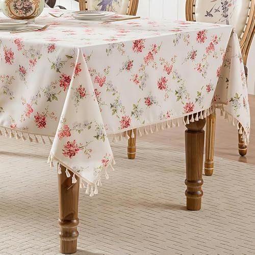 HASTHIP® - 55.1 x 78.7 inch Dining Table Cloth - Dining Table Cover Cloth of 4-6 Seater Linen with Tassel Decorative Tables Protector for Kitchen, Dining Room & Outdoor Use, Red