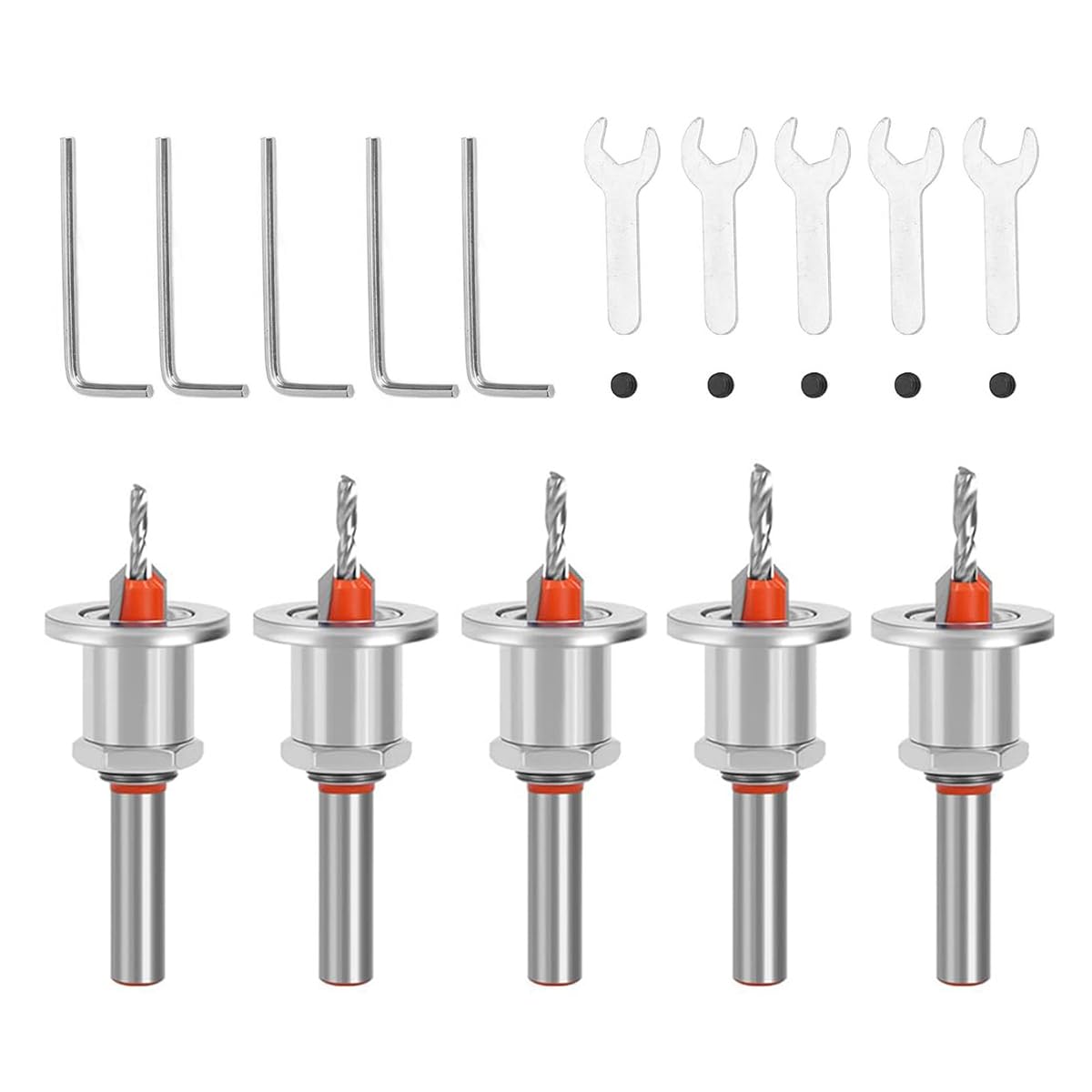 HASTHIP® Juego de 5 Brocas Avellanadoras de Carburo 90° con Tope Profundidad Ajustable,Mango Redondo Antideslizante,Alta Precisión y Eficiencia para Madera y Bricolaje