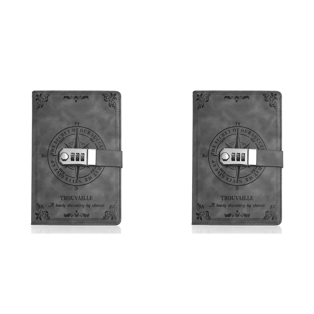 HASTHIP Diary with Lock for Writing and Travel featuring 3‑Digit Password Lock | 200 Pages A5 PU Leather Notebook Grey 2 PCS