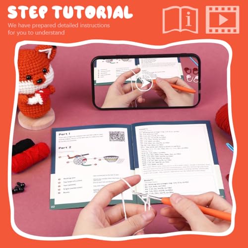 HASTHIP® Zibuyu DIY Crochet Kit Starter, Red Fox Crocheting Kit for Beginners, Complete Set to Make Fox Stuffed Toy, Creative Handmade Gift for Kids and Friends