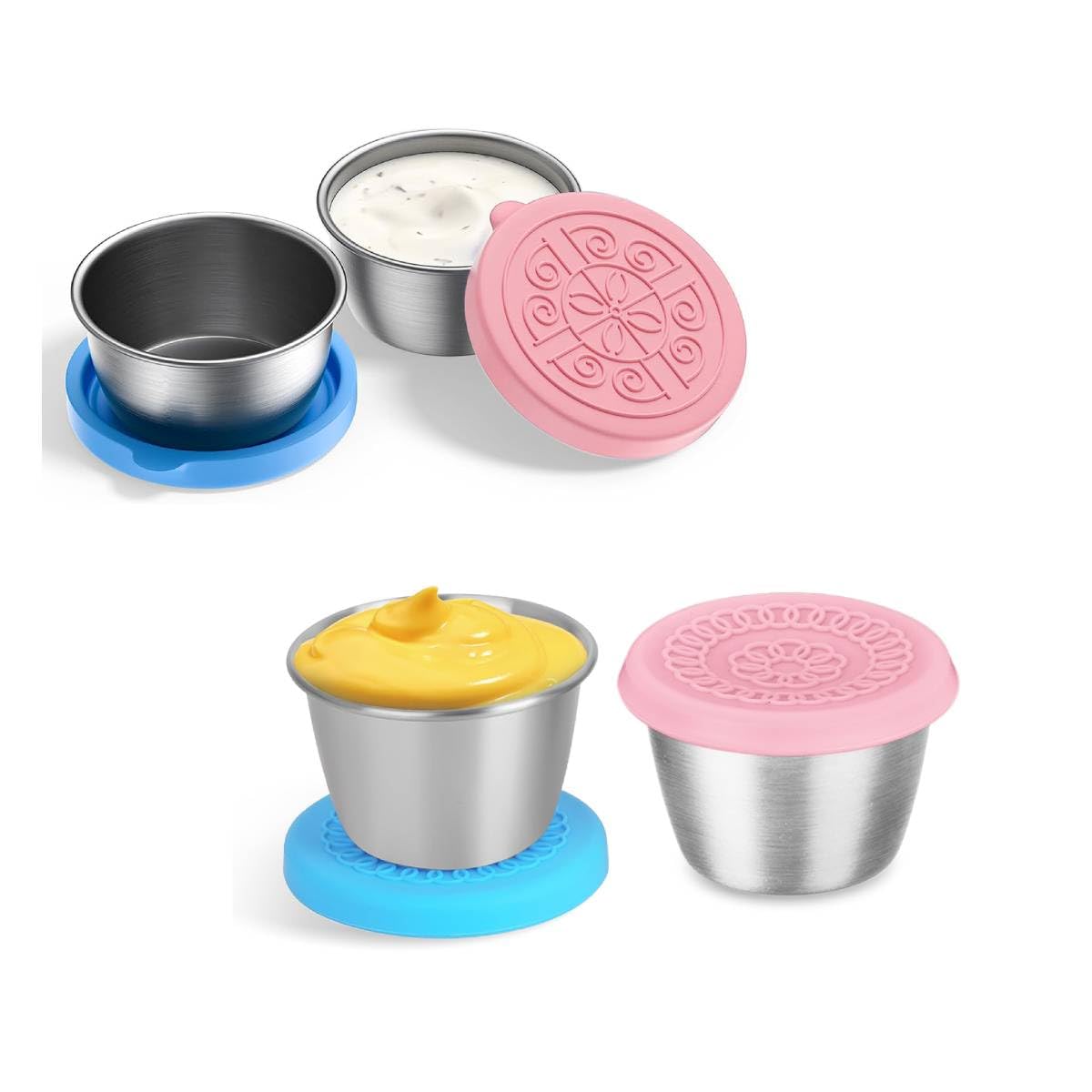 HASTHIP Salad Dressing Containers for Lunch and Travel with Leakproof Silicone Lids 40ml and 70ml Stainless Steel Cups | Pink and Blue Set