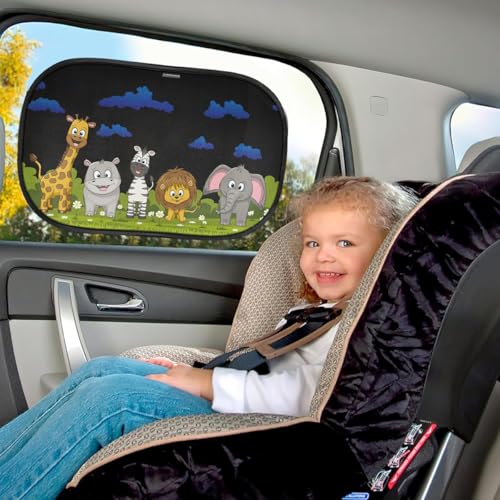 HASTHIP® 2 Pcs Car Sun Shade For Side Window, Cartoon Design, Side Window Sunshades UV Protection, 120GSM High Density, Universal Fit, Easy Installation, Foldable with Storage Bag, 51x31cm