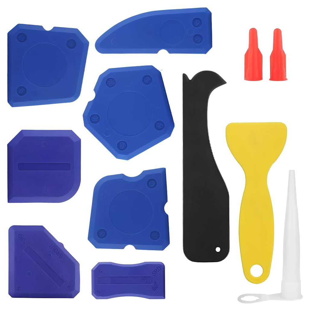 HASTHIP® Juego de 12 herramientas de calafateo con raspadores de silicona multiforma, herramienta para hacer palanca y boquillas para aplicar y retirar sellador