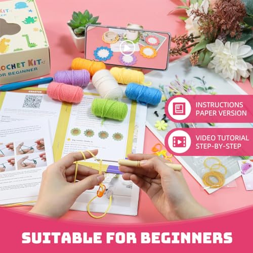 HASTHIP® NAWOKEENY Crochet Kit for Beginners,6 Colors DIY Crochet Floral Coasters Kit,Complete Starter with Yarn Hooks Accessories & Case Handmade Coaster Gift for Adults & Kids